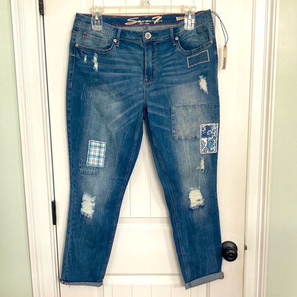 Seven7 Denim - Seven7 Girlfriend Jeans Sz 14 Womens Blue Stretch Denim Distressed Patchwork NEW